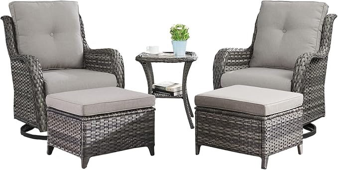 Outdoor Wicker Patio Furniture Set - 5 Pieces Rattan Patio Conversation Set with 2 Rocking Swivel Chairs,2 Ottomans and 1 Side Table for Porch Deck Backyard Garden(Mixed Grey/Grey)