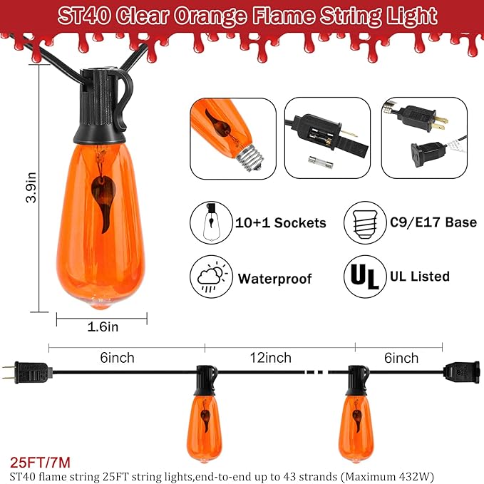 10Ft Halloween Orange Flicker Flame String Lights, ST40 Halloween Decorative String Lights Outdoor with Realistic Orange Red Flame, Hanging Halloween Orange Lights for Christmas Party Patio Decor
