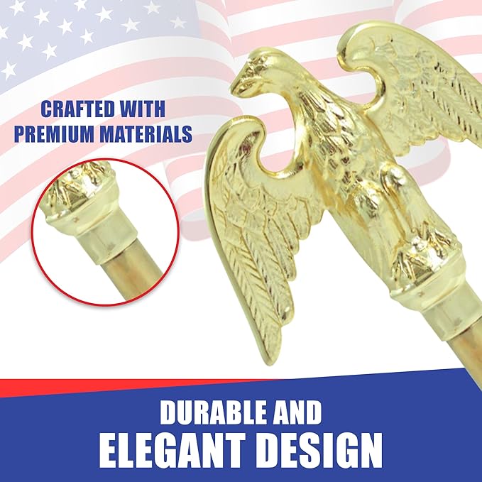 Super Tough Indoor Flag Pole kit 7ft - Metal Eagle - Gold Texture Base - Aluminum Flagpole with Brass Finish - Heavy Duty Inside House Flagstaff - Interior Shaft and Stand - No Ensign Included