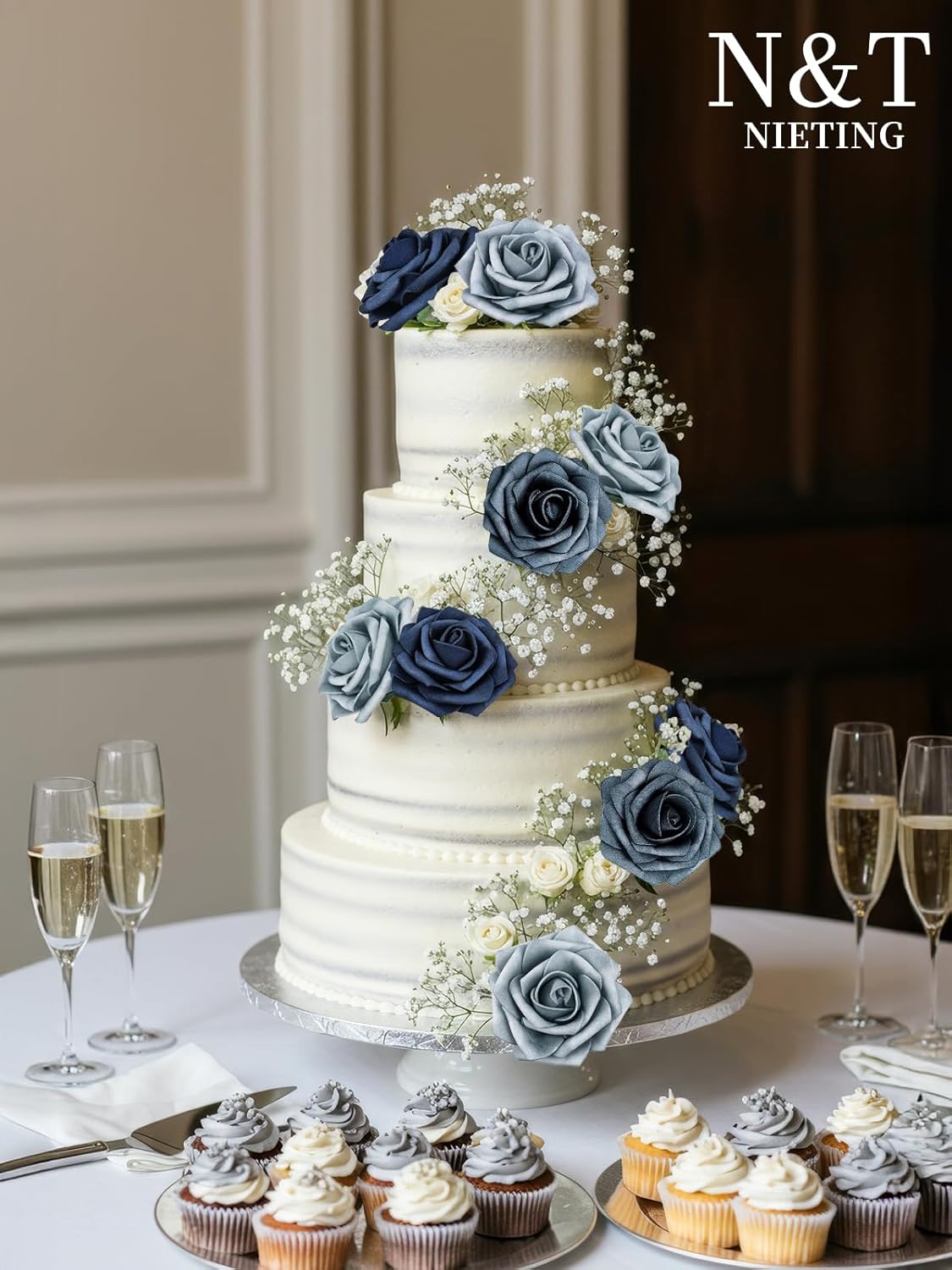 N&T NIETING Fake Roses,25pcs Artificial Flowers Dusty Blue Fake Roses Faux Flowers Fake Flowers for DIY Wedding Bouquets Centerpieces Floral Arrangements Home Decorations Shades of Navy Blue