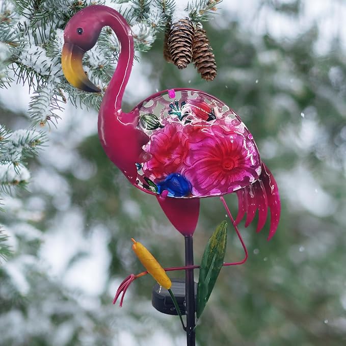Solar Garden Lights, Glass & Metal Flamingo Solar Garden Decor Solar Pathway Lights Solar Garden Stakes Decorative Yard Art Yard Decor Waterproof for Patio Lawn Courtyard
