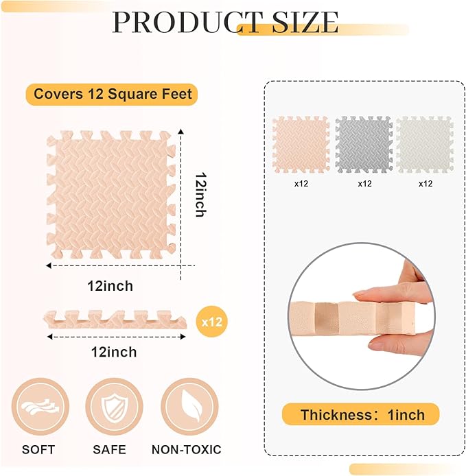 12x12x1 Inch EVA Thick Interlocking Foam Floor Tiles Puzzle Exercise Mat Play Foam Mats for Boys Girls Baby Pets Home Classroom Nursery Gym (Beige, Grey, White)