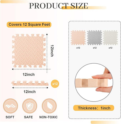 12x12x1 Inch EVA Thick Interlocking Foam Floor Tiles Puzzle Exercise Mat Play Foam Mats for Boys Girls Baby Pets Home Classroom Nursery Gym (Beige, Grey, White)