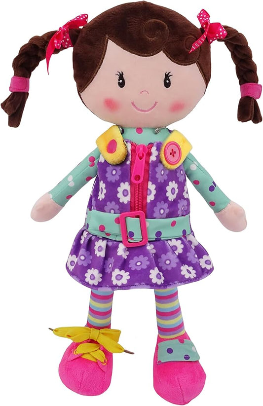 Sugar Snap Plush Doll for Toddlers Learn to Dress Montessori Toy - Dress Me Doll - Zipper, Snaps, Buttons, Buckle - Educational Toy for 2 3 Year Old Girl - Montessori Doll - 15" - Purple Dress
