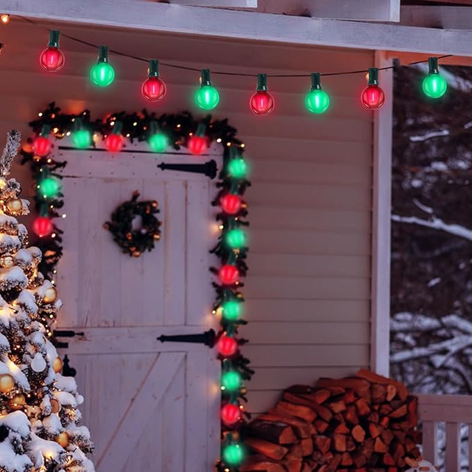 G40 LED Outdoor Christmas String Lights 50FT Hanging Globe String Lights with 27 LED Shatterproof Frosted Red Green Lights(2 Spare), Waterproof Patio String Lights for Balcony Backyard Pergola Decor