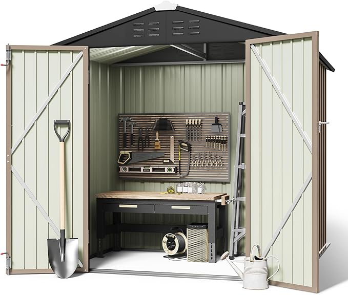 Greesum Outdoor Storage Shed 6 x 4 ft. Utility Tool Shed Metal Storage Garden Shed with Door & Lock for Patio Storage, Brown
