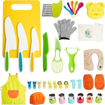 38 Pcs Kids Knife Set, BPA Free Montessori Kitchen Cooking Tools-Kid Safe Knifes, Crinkle Cutters, Avocado Slicer, Cutting Board, Peeler, Apron Gloves Set, Kitchen Tools for 3+ Year Old Girl Boy