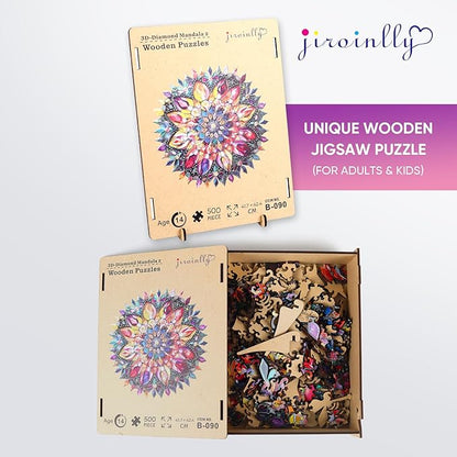 Jiroinlly Wooden Jigsaw Puzzles 500 Pcs - Diamond Mandala Wooden Puzzles for Adults, Luxurious Shaped Wood Puzzle, Beautiful Package, Best Gift for Adults and Kids, Family Game, 16.4'' x 16.7''