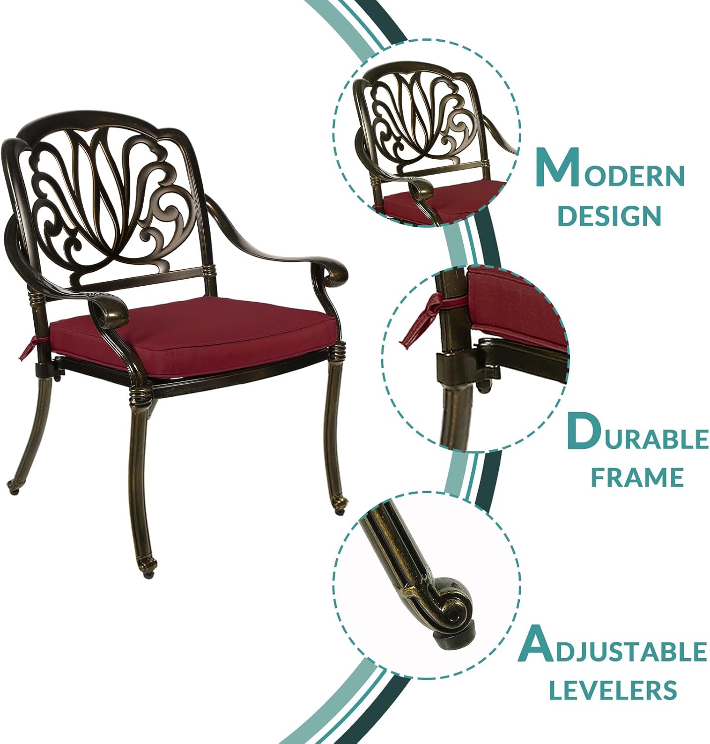 MEETWARM 3 Piece Patio Bistro Set, Outdoor All-Weather Cast Aluminum Dining Furniture Set Includes 2 Cushioned Chairs and a 31” Round Table with Umbrella Hole for Garden Deck, Chili Red