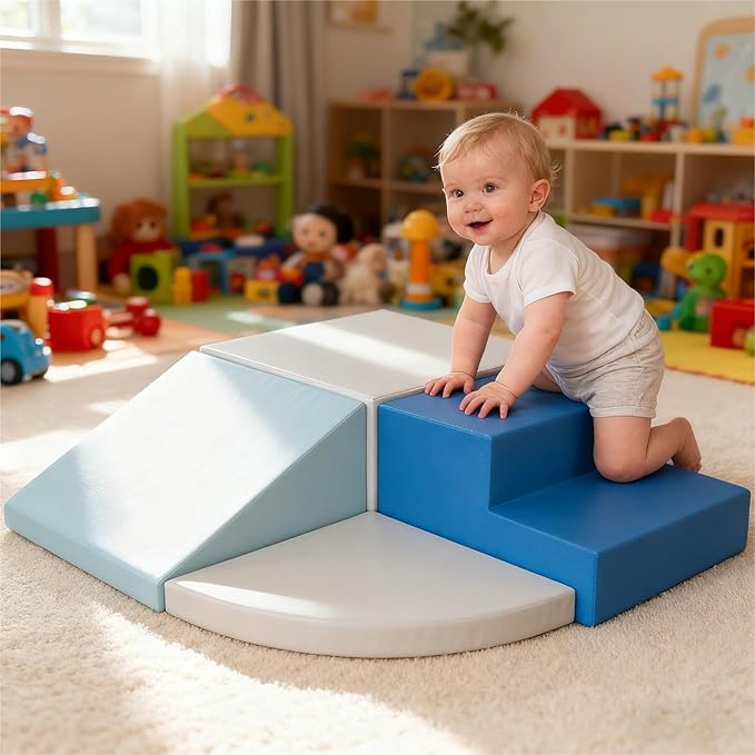 4-Piece Toddler Climbing Toys, Baby Soft Foam Climbing Blocks Set for Indoor Crawling Climbing and Sliding, Modular Play Structures 1-3 Years Old Climber Activity Playground