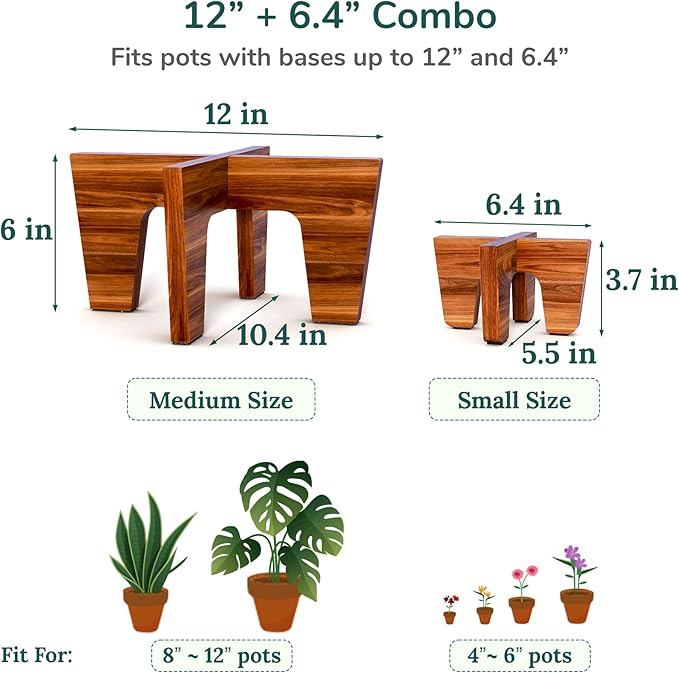 Plant Stands Indoor , Acacia Wood Boho Mid-Century Plant Holder, Modern Minimalist Wooden Pedestal Stand, Fits Up To 12” & 6.5” Pots (2-Pack M&S Size, Pots Not Included)
