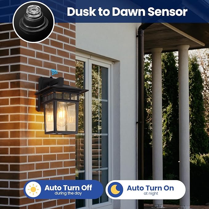 Outdoor Wall Lantern, Exterior Lighting Fixtures Wall Mount, 2 Pack Black Outdoor Sconce with Seeded Glass, Dusk to Dawn Exterior Porch/Patio Lights for House Front Door Garage