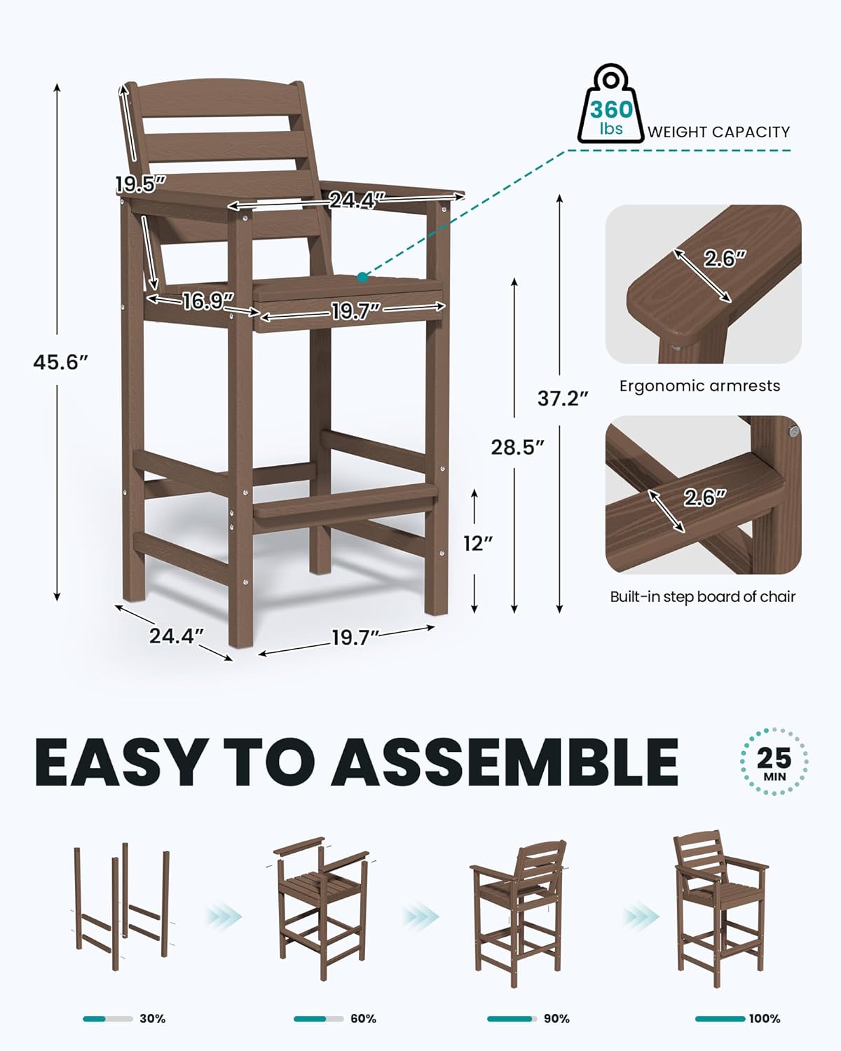 SERWALL 5 Pieces Outdoor Patio Bar Set, Oversize Tall Adirondack Bar Chair and Table Set, Brown