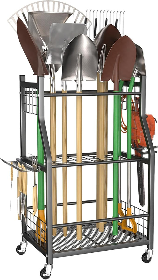 WALMANN Garden Tool Organizer with Wheels for Garage, Rakes/Shovels/Yard Tools Storage Stand for Garden, Shed, Indoor/Outdoor Long-Handled Tools Rolling Cart