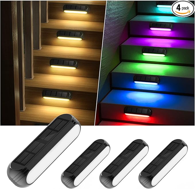Solar Outdoor Lights for Deck 4 Pack, Upgraded RGB Solar Fence Lights with Color Changing & Warm White Mode, Waterproof LED Solar Powered Light for Yard, Wall, Stairs, Pool and Step Decor