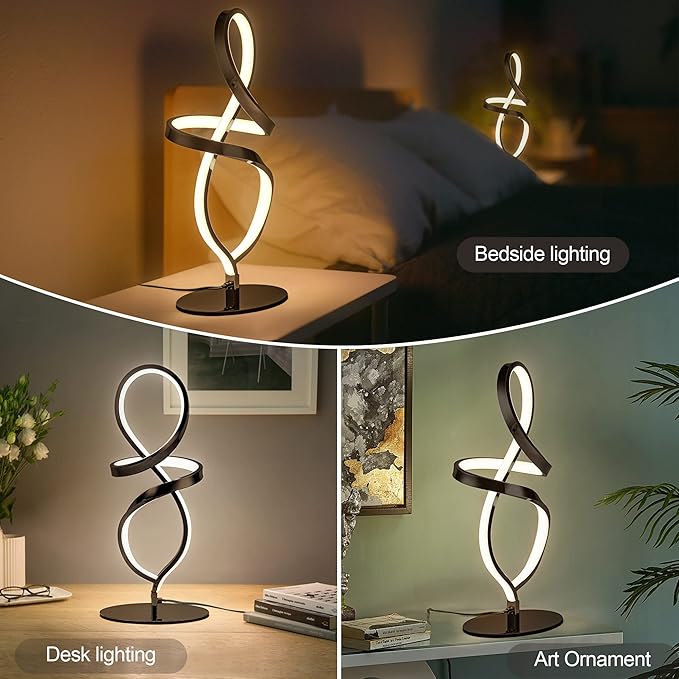Mayful Modern Table Lamp with LED Spiral Design, Bedside Lamp with Stepless Dimming Switch, Contemporary Nightstand & Black Table Lamp for Bedroom, Living Room, Home Office, 12W 3200K Warm White