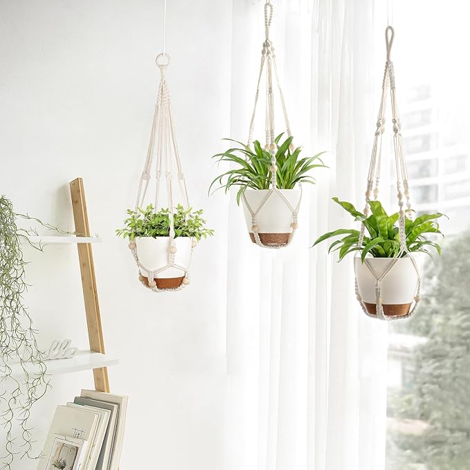 Mkono Hanging Planters, Macrame Plant Hangers with Self Watering Plant Pots Indoor Set of 3 Hanging Baskets Flower Pot Holders with Hooks No Tassels 3 Different Size for Boho Home Decor