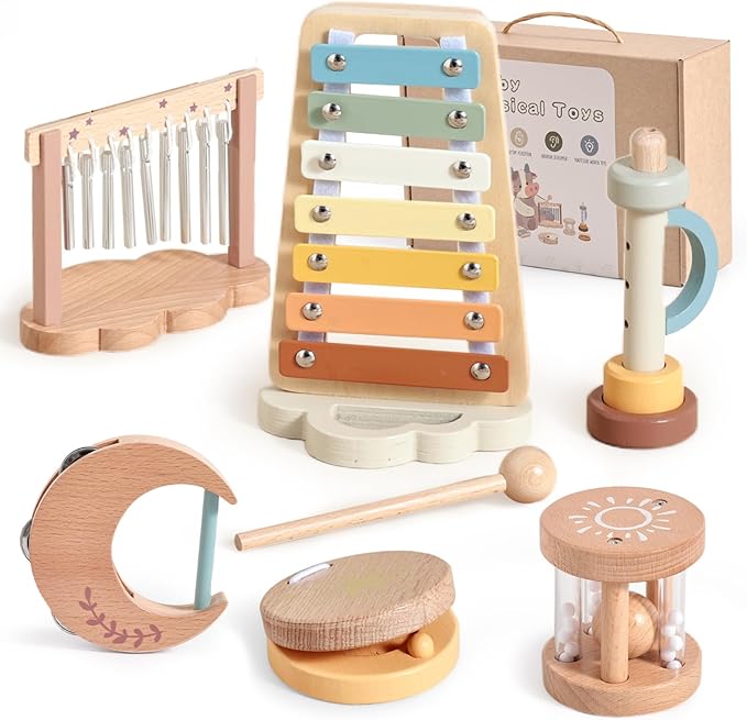 Promise Babe Wooden Xylophone Musical Instrument Sets Toy for Kids, Rattle Bell Montessori Cloud Toddler Music Percussion Toys, Christmas Birthday Gifts for Boys Girls 3 Year+