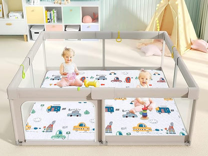 Washable Baby Play Mat for Babies 63x43” Portable, Foldable Toddler Playpen Non-Slip Baby Tummy Time Mat, Soft Floor Play for Infants Extra Large Crawling Mats Car