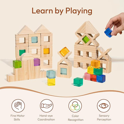 Woodtoe Wooden Rainbow Building Blocks Set for Kids, 22 PCS Wooden Blocks & 25 PCS Gem Cubes Stacking Blocks, Montessori Stacking Toys for Toddlers, Educational STEM Easter Toys for Boys Girls 3-6
