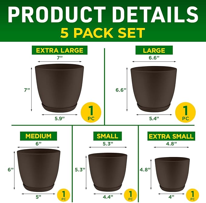 Planter Pots with Drainage Holes - Lightweight, Durable & Space-Saving Pots for Indoor and Outdoor - Versatile Functionality, Simple Modern Design, Set of 5 Plastic Planter Pots - Brown