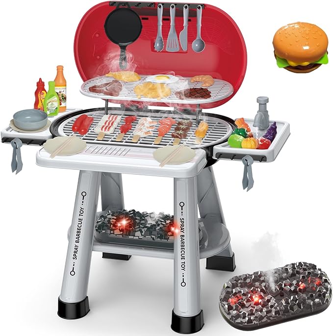 Kids BBQ Grill Playset - 69PCS Kitchen Playset with Smoke, Light, Sound - 2-Layer Toy Grill Barbecue Cooking Set - Pretend Play Food Hamburger, Interactive Toy for Kids 4-8 Boys Girls