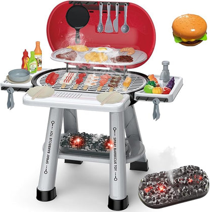 Kids BBQ Grill Playset - 69PCS Kitchen Playset with Smoke, Light, Sound - 2-Layer Toy Grill Barbecue Cooking Set - Pretend Play Food Hamburger, Interactive Toy for Kids 4-8 Boys Girls