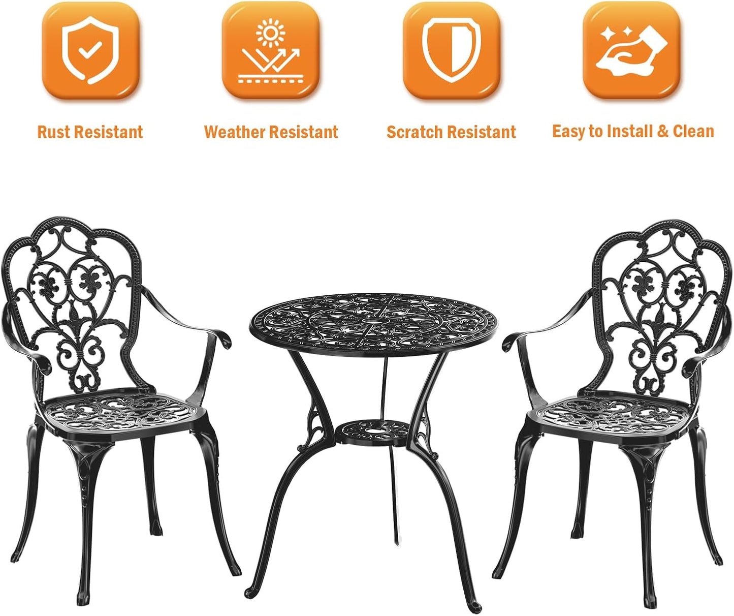 Patio Bistro Set of 2, Cast Aluminum, Outdoor Set w/Umbrella Hole, 3 Piece Table and Chairs Set, Bistro Set for Backyard/Garden/Lawn, Black