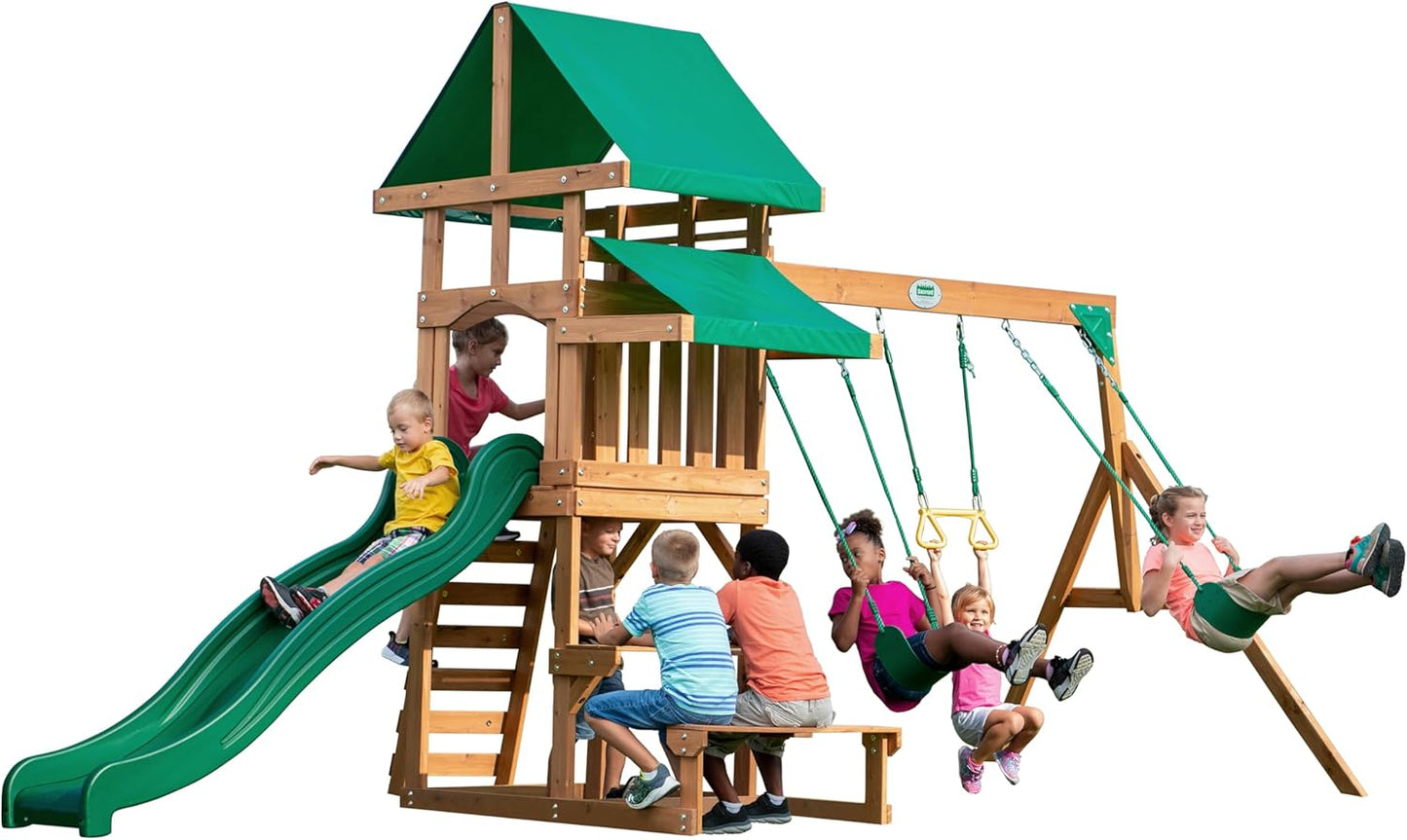 Backyard Discovery Belmont Cedar Wood Swing Set with Wave Slide, Play Deck, Rock Wall Ladder, Snack Bar Window, Shaded Picnic Area, Bench, Belt Swings, Trapeze, Sandbox Area, Canopy, Outdoor Playset