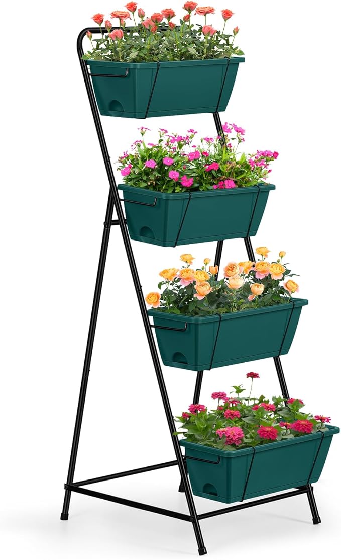 Raised Garden Bed 4 Tier Vertical Garden Planter Herb Garden Planter Outdoor with Drainage Holes Removable Tray for Patio Balcony Porch (Green)