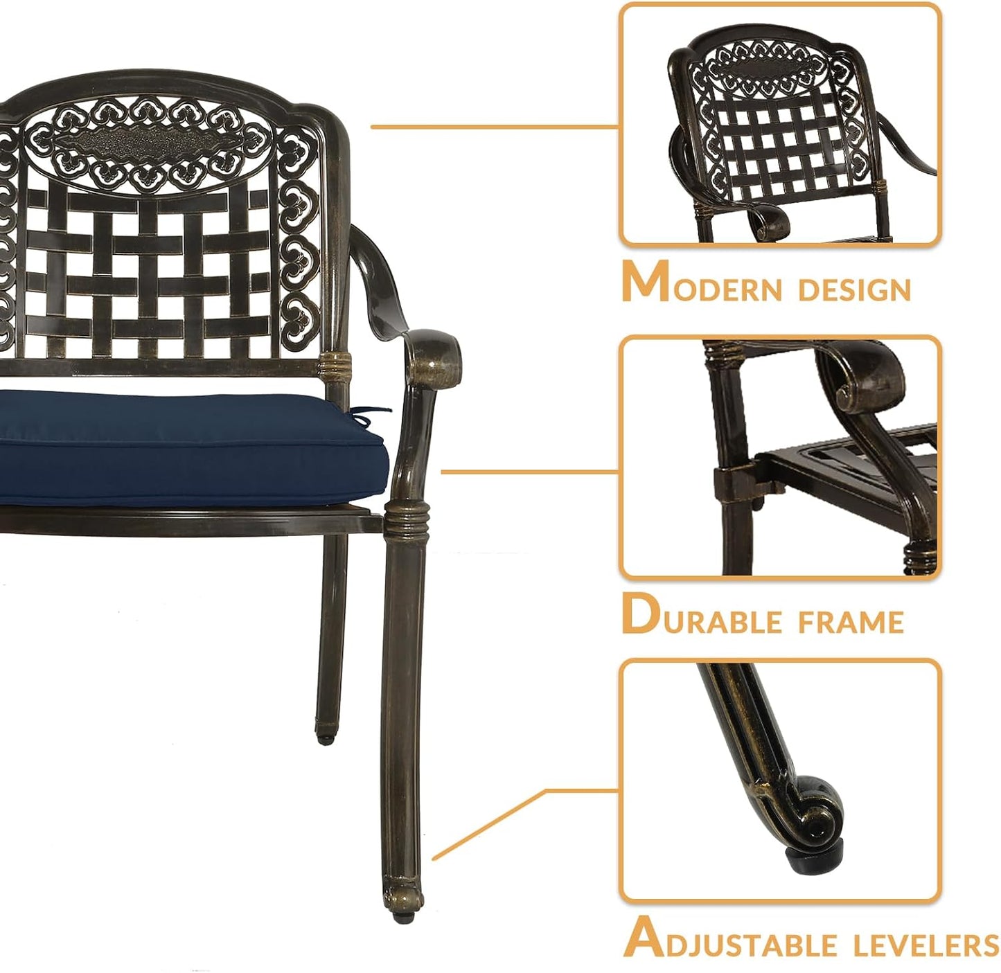 3-Piece Outdoor Patio Dining Set, All-Weather Cast Aluminum Patio Furniture Set for Backyard Garden Deck with 2 Cushioned Chairs and 35.4” Round Table, 2" Umbrella Hole, Navy Blue