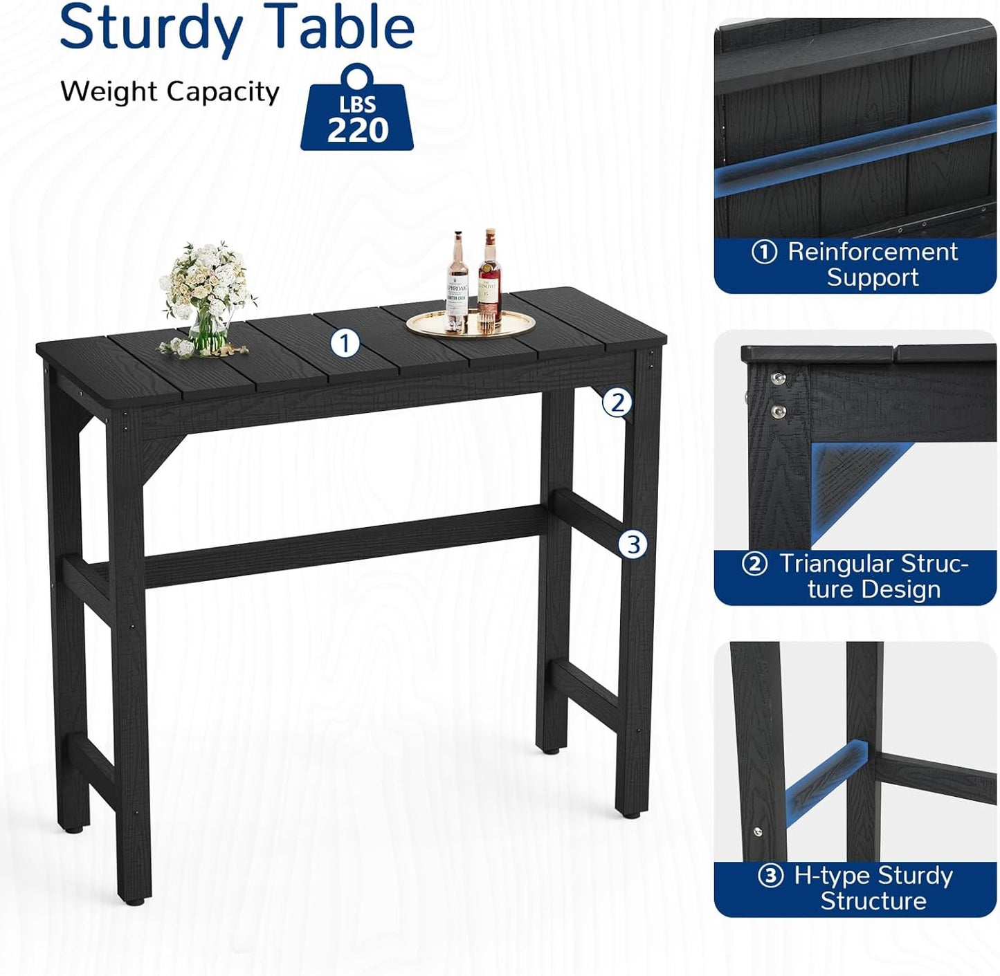 3 Piece Outdoor Bar Set, 42" Rectangular Pub Height High Top Bar Table & 2 Outdoor Bar Stools for Patio, Garden, Poolside and Bistro, Weatherproof, Black