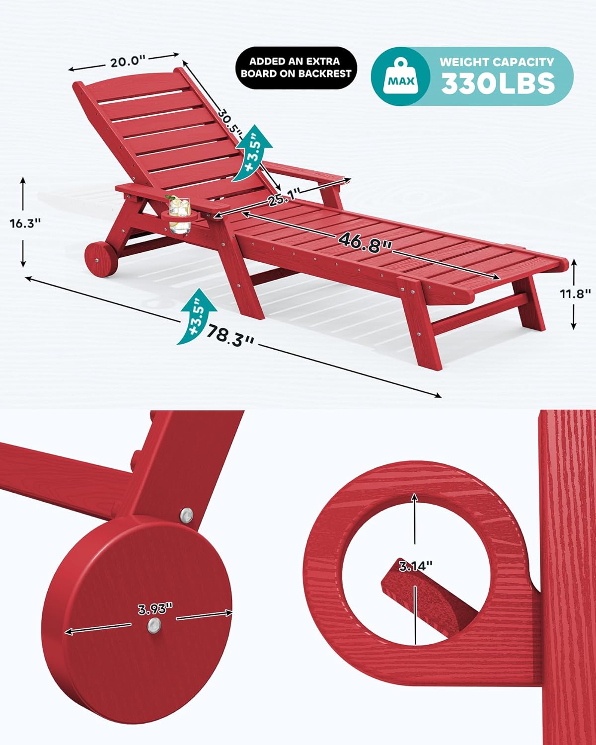 SERWALL Patio Chaise Lounge Chair, 78'' Long HDPE 5 Positions Adjustable Outdoor Lounger, Poly Lounge Chair with Rolling Wheels & Cup Holder for Pool, Bright Red