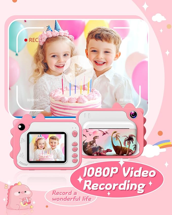 Kids Camera Instant Print, Dinosaur Instant Print Camera for Kids with 1080P Video, 32GB SD Card, 240 Photos, Christmas Birthday Gifts for Boys Girls Ages 3-12 (Pink)