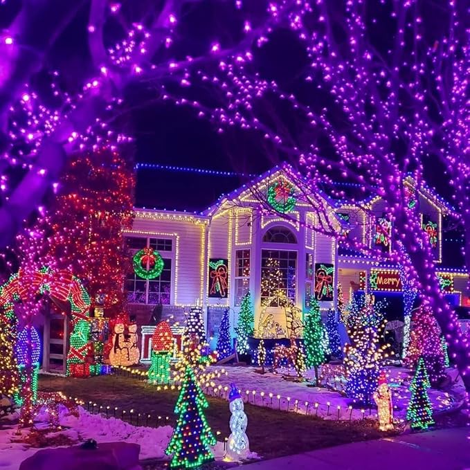 YEGUO 4 Pack Purple Solar Fairy Lights Outdoor Waterproof, Each 33ft 100 LED String Lights 8 Modes Silver Wire