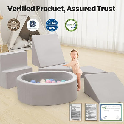 7-Piece Foam Climbing Blocks for Toddlers, Baby Climb and Crawl Soft Play Set with Ball Pit, Machine Washable Cover, Indoor Activity Play Structure, Climbing Toys for Toddlers 1-3 (Gray)