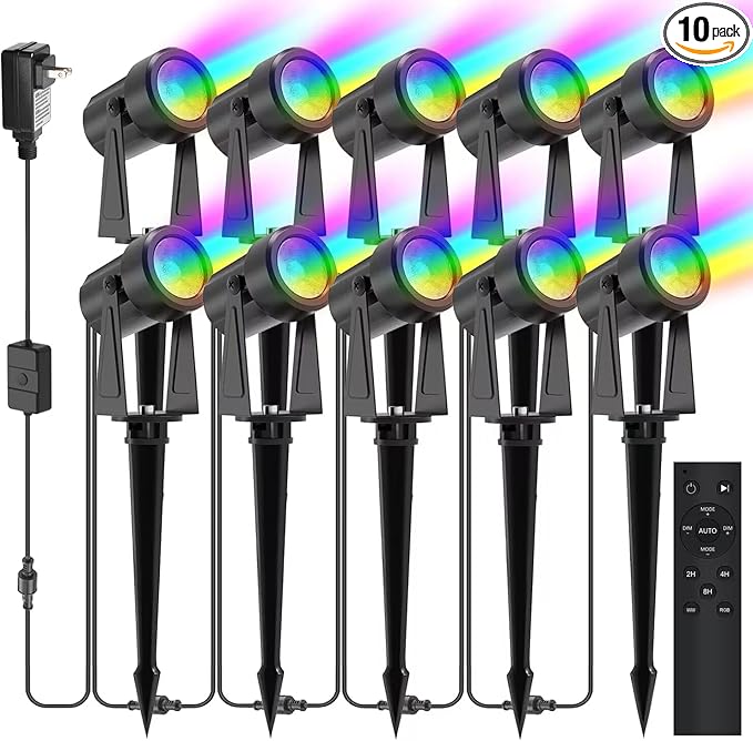 SUNTHIN Outdoor Landscape Lighting with Remote, RGBW Color Changing Spot Uplights, IP65 Waterproof & Connectable, 10 Pack