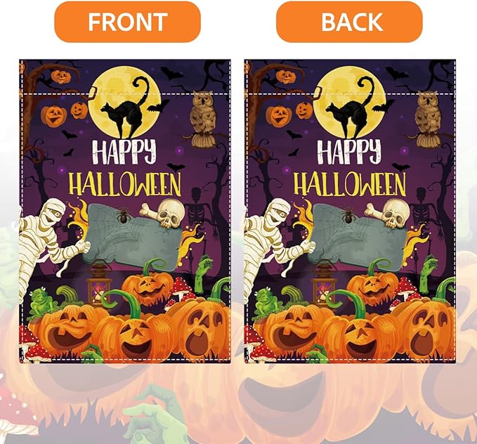 Happy Halloween Garden Flag Halloween SpookyGhost Skeleton Bats Garden Flag 12x18 inch Double Sided Holiday Decorations for Yard Outside Lawn (Flay 1811)