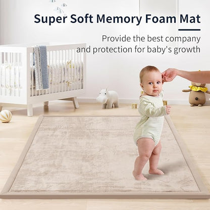 ACOMOPACK Baby Play Mat for Floor 1.3" Thick Memory Foam Play Mat 59"×71" Tummy Time Crawling with Non-Slip Bottom for Living Room,Nursery,Soft Velvet Playpen Mats for Kids,Infants（Beige）
