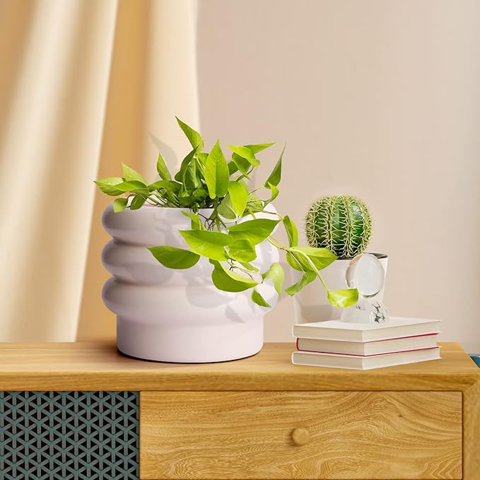 Tiered Bubble Ceramic Plant Pot, Creamy White 6 Inch Ceramic Planter with Drainage Holes, Ceramic Flower Pot with Mesh Pad, Rubber Plugs, Ceramic Pots for Indoor Plants Outdoor, Modern Décor