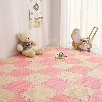 36 Tiles Foam Play Mat for Baby, 0.4 Inch Thick Foam Interlocking Floor Mats, Soft Non-Toxic Baby Playmat, Solid Colored Puzzle Play Mat Kids Floor Mats for Toddler(Beige/Loli Pink)