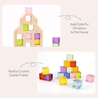 Woodtoe Wooden Building Blocks Set for Kids, 36 PCS Rainbow Acrylic Gem Cubes Blocks - 3 Wood House, Montessori Stacking Toy for Toddlers, Educational STEM Birthday Toys for Boys Girls 3-6