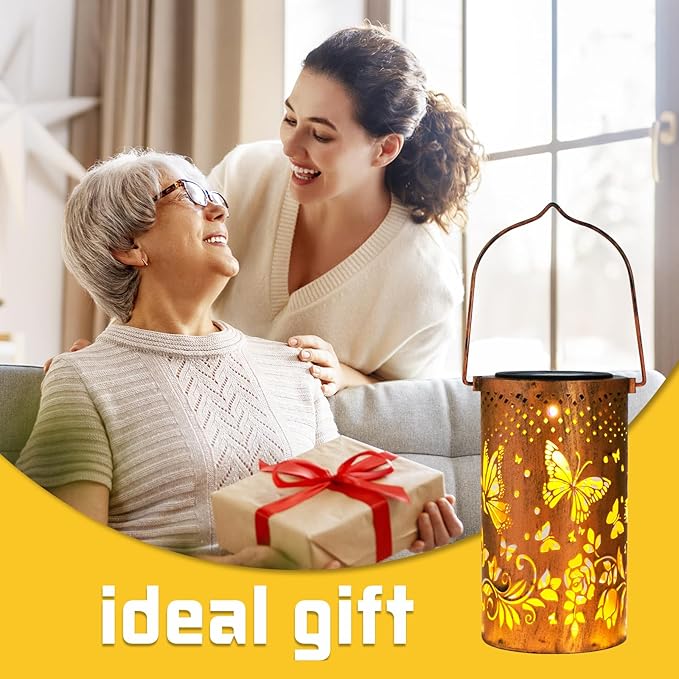 2 Pack Butterfly Solar Lanterns Outdoor Hanging Lantern Lights, Butterfly Hollowed-Out Metal Decor Lantern, Waterproof LED Decorative Garden Light - Delicate Garden Decoration