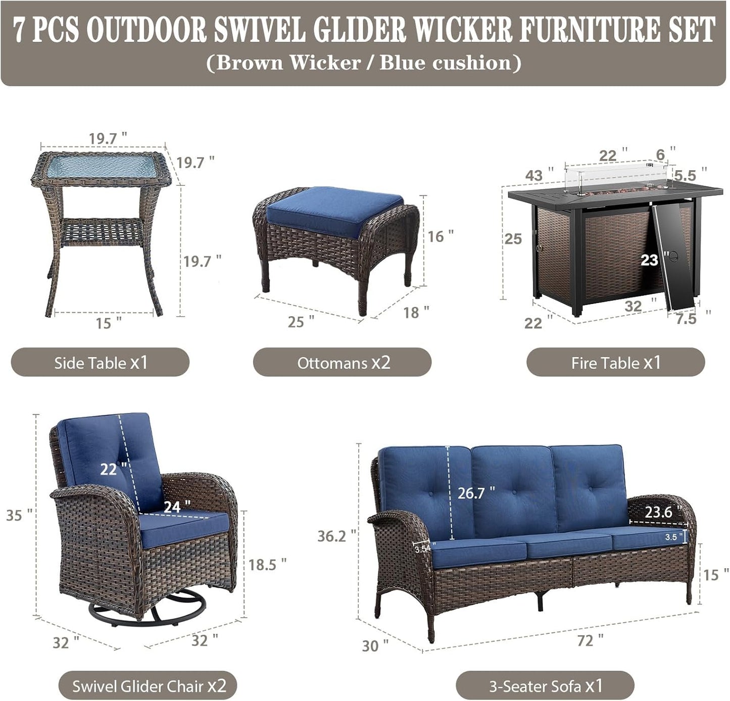8 Piece Patio Furniture Set with 50000 BTU Propane Fire Pit Table, Outdoor Conversation Set with 2 Swivel Rocker Chairs Wicker Sofa and Ottomans for Casual Gatherings