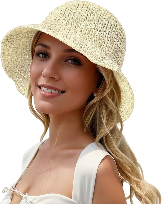 Womens Straw Beach Sun Hats, Foldable Packable Floppy Handmade Crochet Hats for Women,Large Summer Vacation Wide Brim Hat