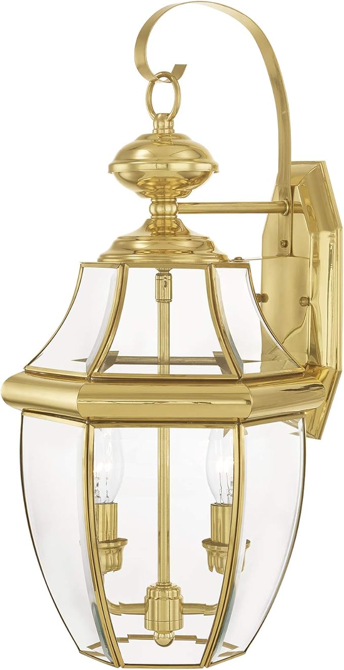 Livex Lighting 2251-02 Monterey 2 Light Outdoor Polished Brass Finish Solid Brass Wall Lantern with Clear Beveled Glass, 20.25" x 10.5" x 10"