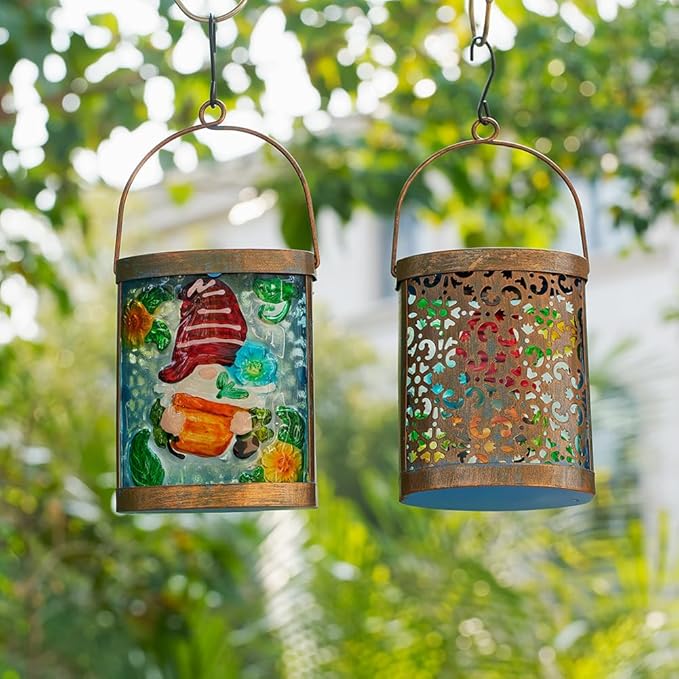 2 Pack Gnome Hanging Solar Lantern Decorative Glass LED Solar Lanterns Outdoor Waterproof for Garden Yard Patio