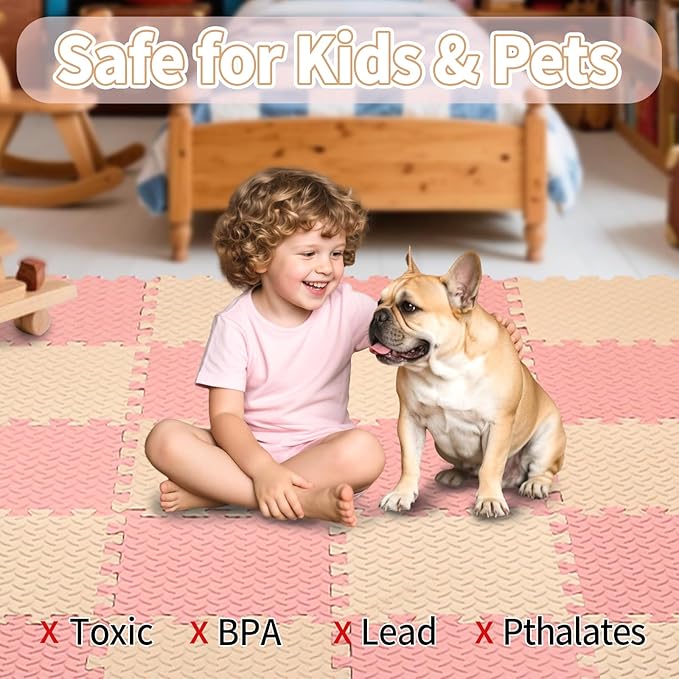 36 Tiles Foam Play Mat for Baby, 0.4 Inch Thick Foam Interlocking Floor Mats, Soft Non-Toxic Baby Playmat, Solid Colored Puzzle Play Mat Kids Floor Mats for Toddler(Beige/Loli Pink)