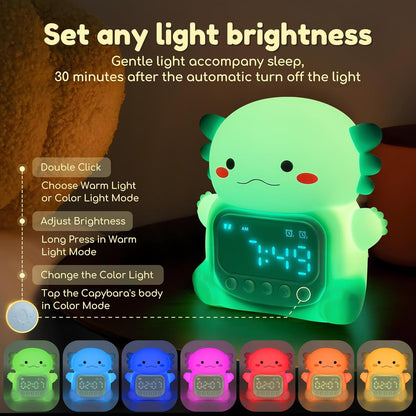 Axolotl Alarm Clock with Night Light for Kids, 7 RGB Color Cute Alarm Clocks for Bedrooms Ok to Wake Clocks, Silicone Animal Tabletop Lamp for Teen Girls Boys, Green