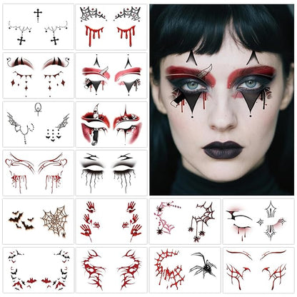 Halloween Bloody Eyeliner Temporary Tattoos for Adults, 16 Pairs Blood Red Eyes Fake Tattoos, Gothic Spooky Designs with Spiders Web, Bats, Skulls, Bloody palm